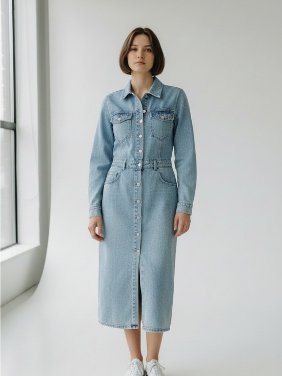 VENUS Dresses & Skirts - VENUS Light Blue Denim Midi Shirt Dress